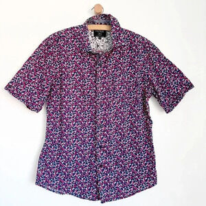 Filter Navy & Red Floral  Men’s Button Down Short Sleeve Slim Med 4th Of July